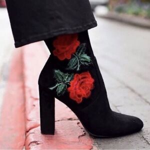 Rose Embroidered Black Sock Booties/Heels by Steve Madden